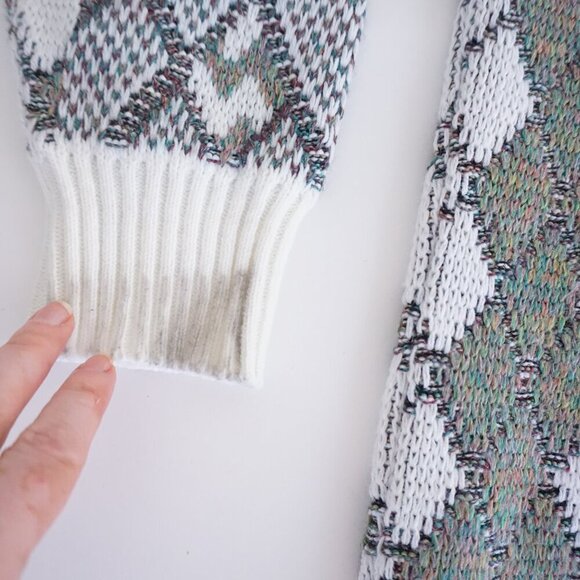 '80s Lavane White Teal 3D Argyle Biggie Cosby Eclectic Knit Crew Neck Sweater M - Picture 8 of 9